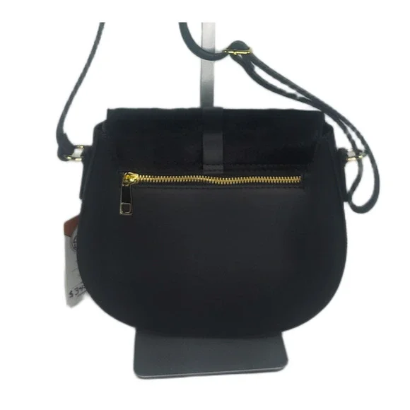 Charlie Leather Mack Black Leather & Black Fur Small Half Moon Crossbody Bag-NWT - Picture 2 of 12